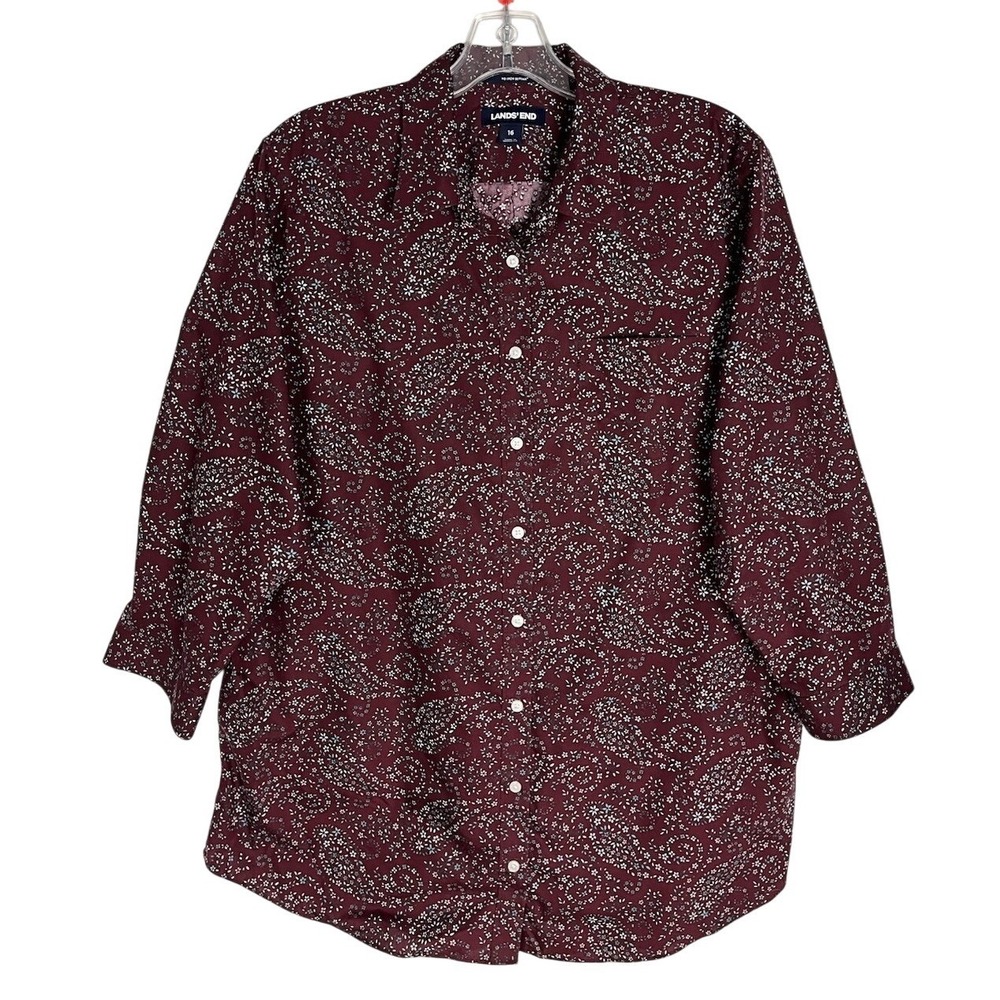 Lands‎ End Supima Cotton Maroon Collared Button Front Paisley  Shirt Size 16